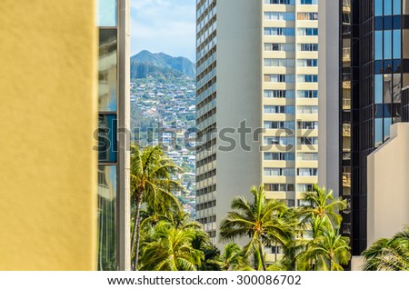 Palm trees and building tops in Honolulu, Hawaii, USA. Tropical city vacation background.