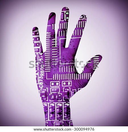 Human palm with microchip picture on it on bright color background
