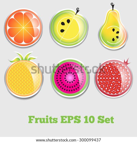 Set of fruit glossy  stickers or icons: orange, apple, pear, pomegranate, pineapple, watermelon.