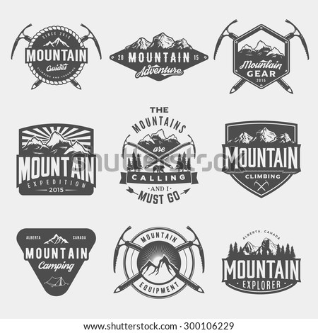 vector set of mountain exploration vintage logos, emblems, silhouettes and design elements. logotype templates and badges with mountains, forest, trees, tent, ice axe. outdoor activity symbols
