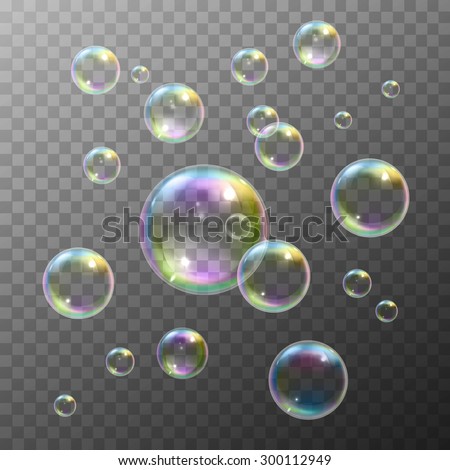 Realistic soap bubbles with rainbow reflection set isolated vector illustration Royalty-Free Stock Photo #300112949