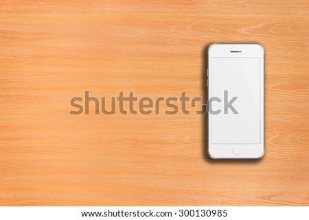Mobile smart phone iphon style mockup with white screen on wooden background. Highly detailed illustration.