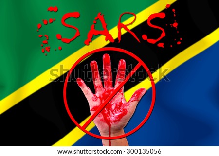 Concept open hand stop Sars (Severe Acute Respiratory Syndrome)  Virus epidemic on flag background.