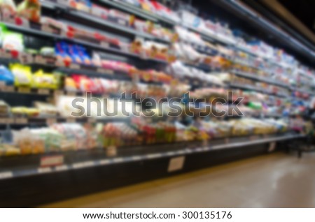 Supermarket blur the shelves for goods and food background