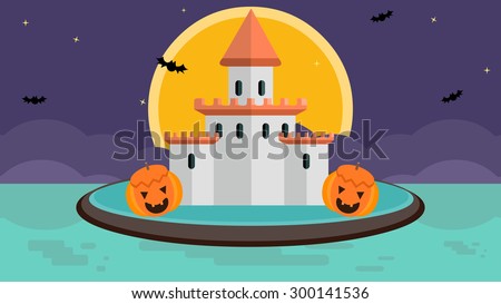 Cartoon illustration of creepy spooky scary castle surround by a deep broad moat, big full moon, flying bats, carved pumpkins. Happy Halloween holiday background template clip arts. Haunted house game