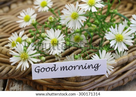 Good morning card with chamomile flowers on wicker tray
