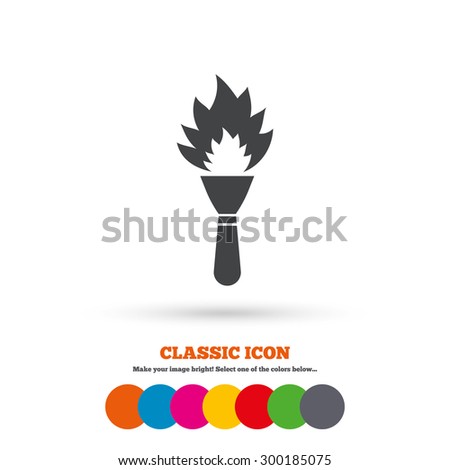 Torch flame sign icon. Fire flaming symbol. Classic flat icon. Colored circles. Vector