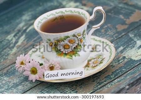 Good morning card with vintage cup of tea and pink daisies
