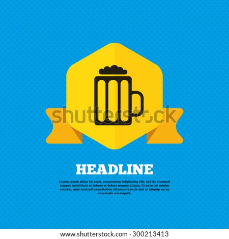Glass of beer sign icon. Alcohol drink symbol. Yellow label tag. Circles seamless pattern on back. Vector
