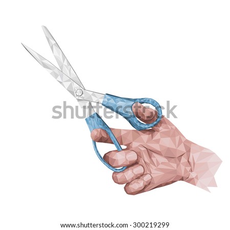 Hand holding scissors. Modern illustration in polygon triangles technique for your design.
