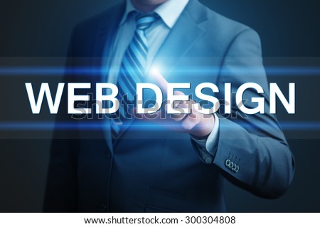 business, technology and internet concept - businessman pressing web design button on virtual screens