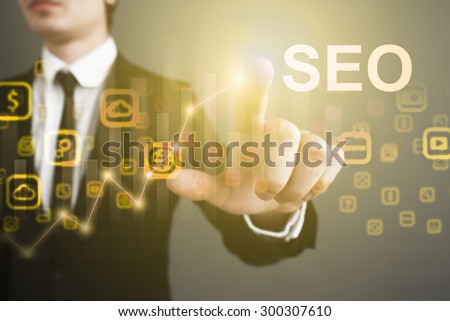 Businessman pressing button on the virtual screen and select "". business concept. Internet concept.