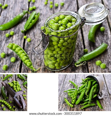 Collage of photos with a green, fresh and canned peas