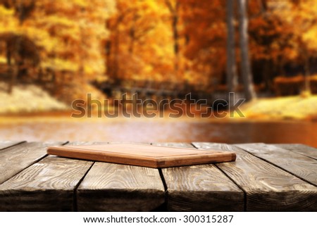 brown water in lake golden leaves of forest and wooden board 