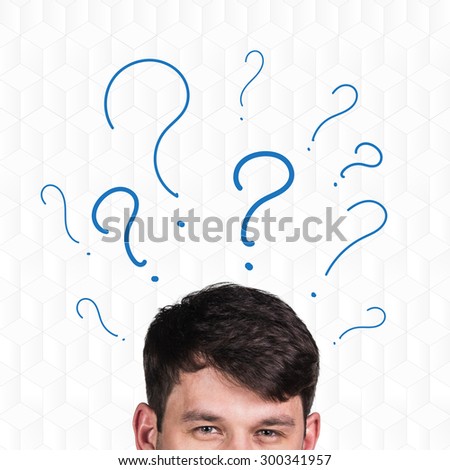 Businessman's head with question marks on a white background