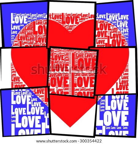 spread with broken background frame with love words together and red background heart illustration with cubic and pop art style vector print pattern. for fashion and graphic design. for fashion trends