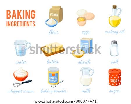 Set of cartoon food: baking ingredients - flour, eggs, oil, water, butter, starch, salt, whipped cream, baking powder, milk, sugar. Vector illustration, isolated on white, eps 10. Royalty-Free Stock Photo #300377471