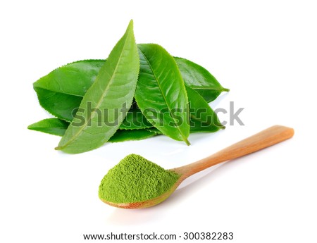 powder green tea and green tea leaf isolated on white background