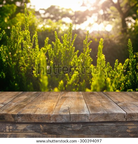 vintage wooden board table in front of dreamy and abstract landscape with lens flare.
