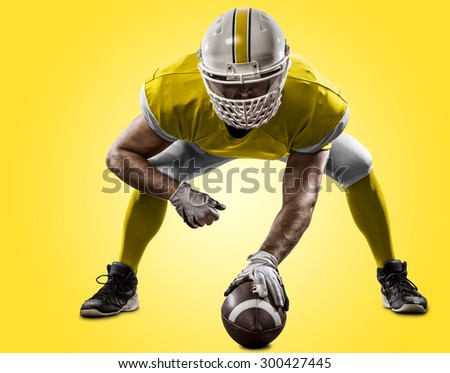 Football Player with a yellow uniform on the scrimmage line, on a yellow background.