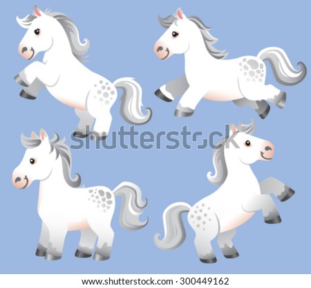 A set of four cute white cartoon horses standing, rearing up and jumping.
