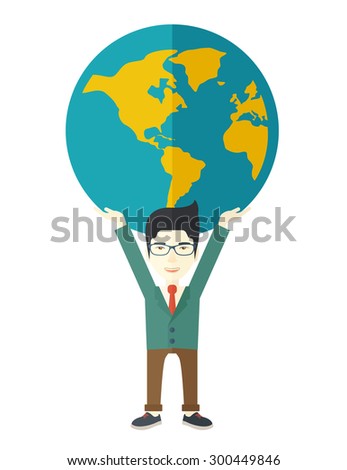 A chinese businessman carrying big globe it is a symbol that he is number one in the world in business society. A Contemporary style. Vector flat design illustration isolated white background