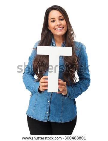 happy young woman with letter t