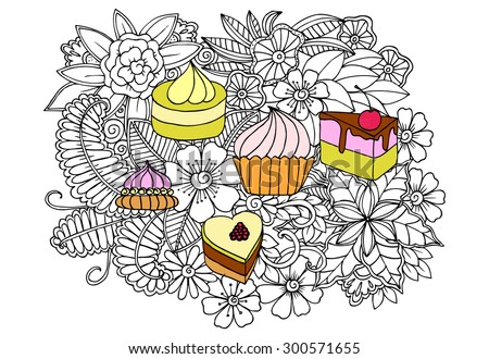 Doodle sweets and flowers. Vector image of a very tasty cakes