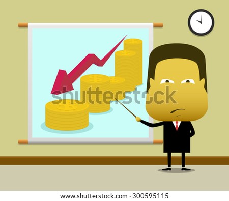 Businessman dressed a suit presented the result graph down with coin