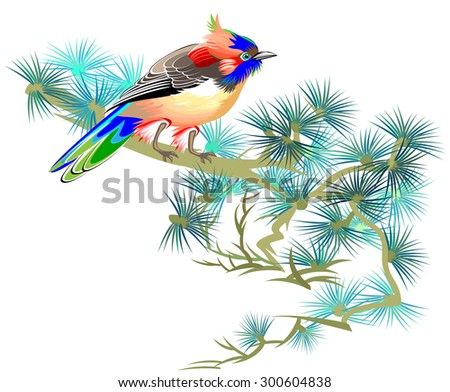Bird sitting on a branch of pine, vector cartoon image