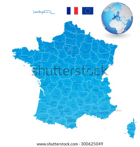 A High Detail vector Map of France Regions, Departments and major cities, and an earth globe centered on France. 
All elements are separated in editable layers clearly labeled.