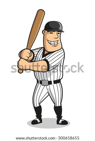 Cartoon professional baseball player character with bat, depicting muscular batter man in striped uniform and cap awaiting a pitch. For sports design