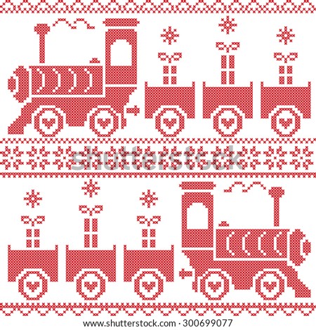 Scandinavian Christmas Nordic Seamless Pattern with gravy train, gifts, stars, snowflakes, hearts, snow, in cross stitch pattern 