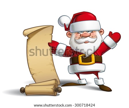 Cartoon vector illustration of a happy Santa Claus showing a ready to be filled gift-list scroll.