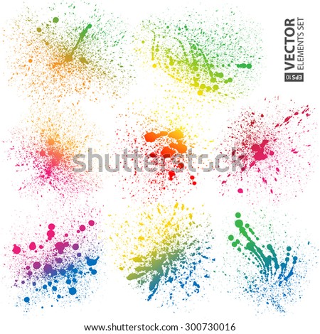 Set of 8 isolated colorful gradient rainbow grunge paint splashes on white background. RGB EPS 10 vector illustration
