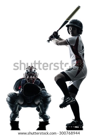 women playing softball players in silhouette isolated on white background
