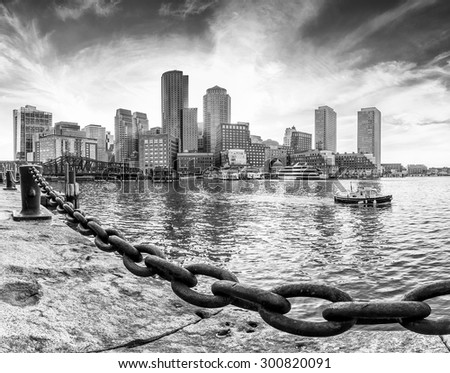 Panoramic view of Boston in Massachusetts, USA showcasing its mix of modern and historic architecture at Back Bay at sunset in Black and White.