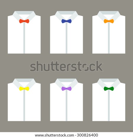 Set of trendy white men's shirts with bow ties. Vector illustration