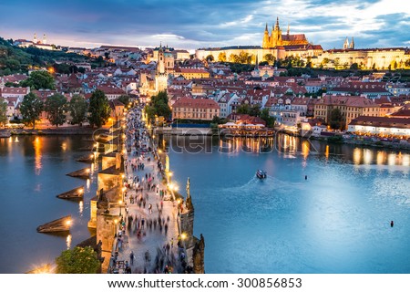 panorama of Prague with red roofs from above summer day at dusk, Czech Republic Royalty-Free Stock Photo #300856853
