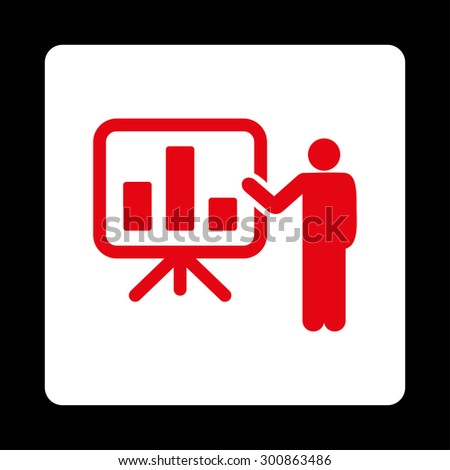 Presentation icon. Vector style is red and white colors, flat rounded square button on a black background.