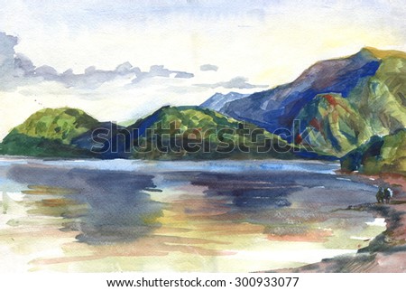 sea and mountains at sunset watercolor painting