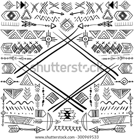 Vector Abstract Tribal Frame with doodle hand drawn symbols. Ethnic design for creative cards and backgrounds
