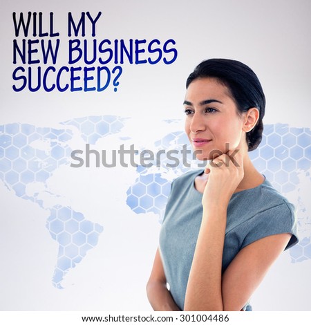 Thoughtful businesswoman looking away against background with world map