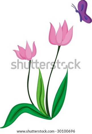 an illustration of two flowers and a butterfly
