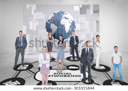 Business team against white room with abstract picture of earth