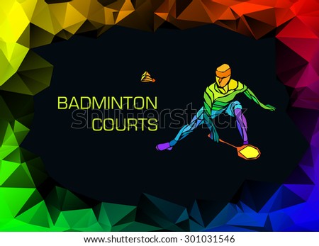 Sports poster or invitation or flyer with badminton player, colorful on dark background. Trendy polygons and triangles, vector illustration