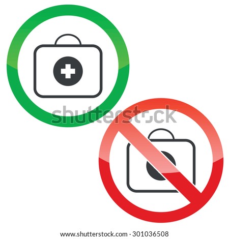 Allowed and forbidden signs with first-aid kit image, isolated on white