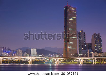 Seoul City at Night and Han River, Yeouido, South Korea.