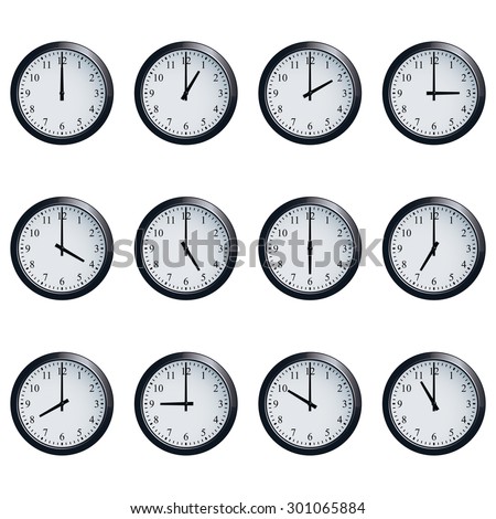 Set of realistic wall clocks, with the times set at every hour.