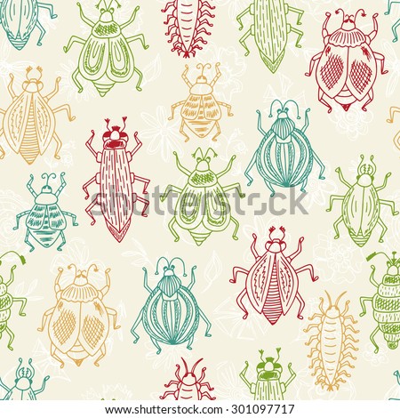 Funny insects. Vector Seamless pattern of doodle Cartoon Bugs on a floral background